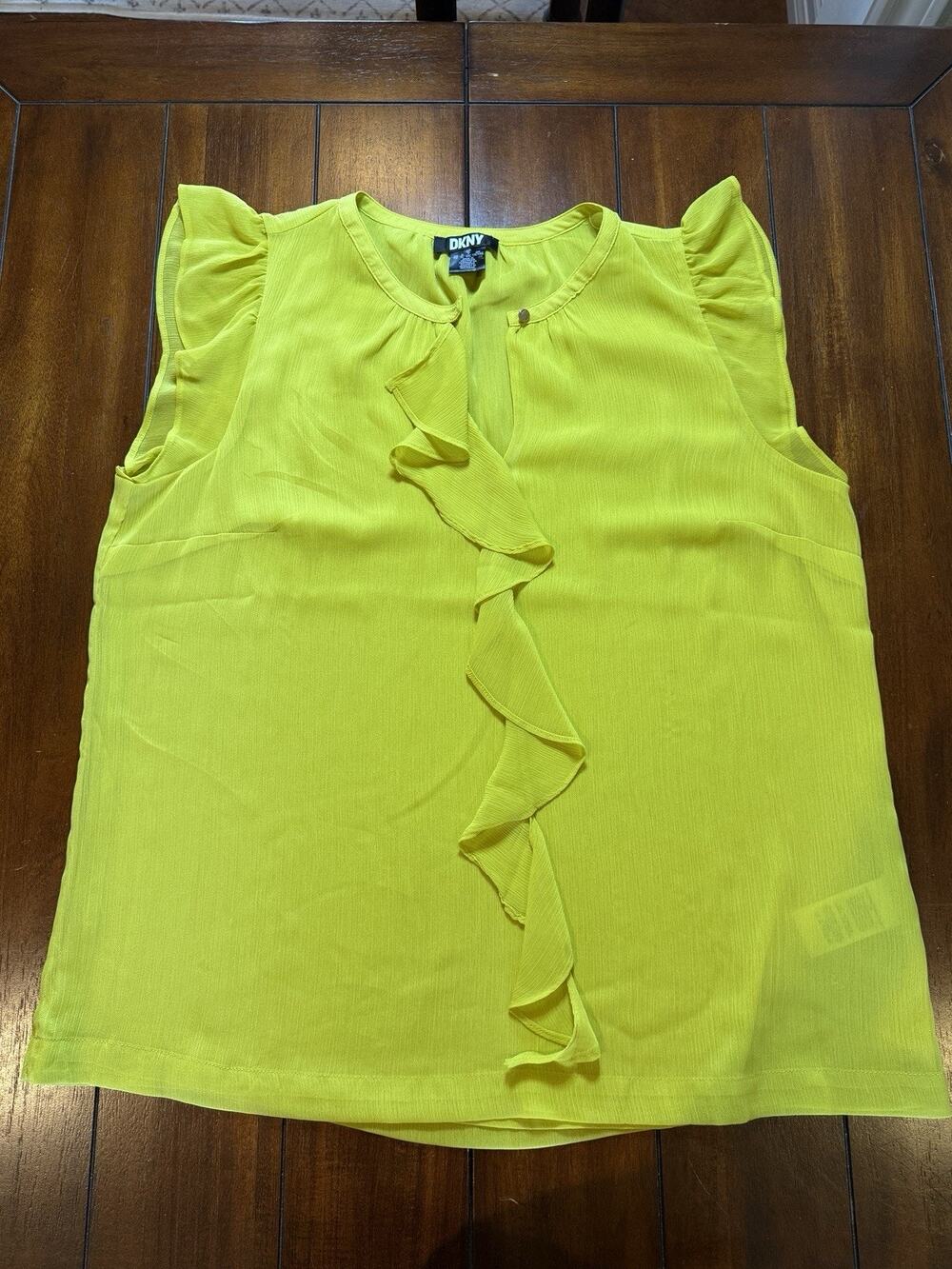 DKNY Women's XL Lime/Yellow Solid Round Neck Sleeveless Ruffle Chiffon Blouse